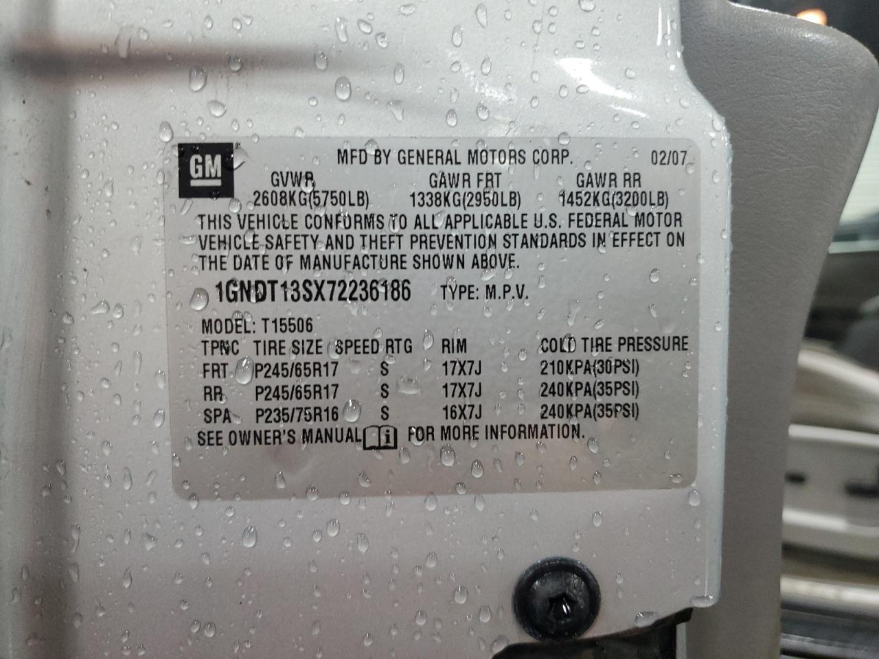 1GNDT13SX72236186 2007 Chevrolet Trailblazer Ls