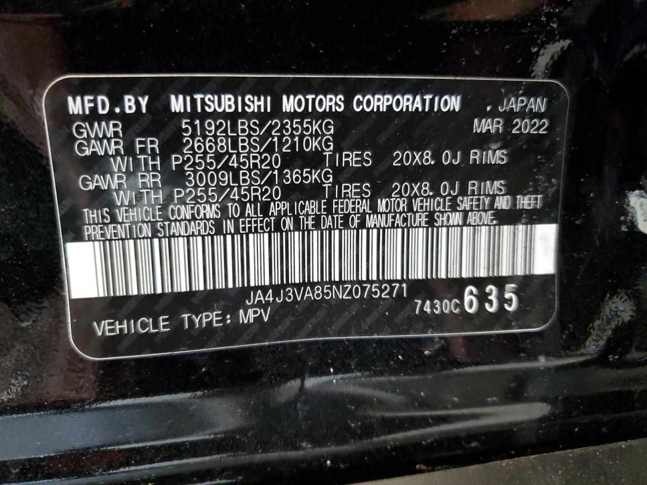 JA4J3VA85NZ075271 2022 Mitsubishi Outlander Sel