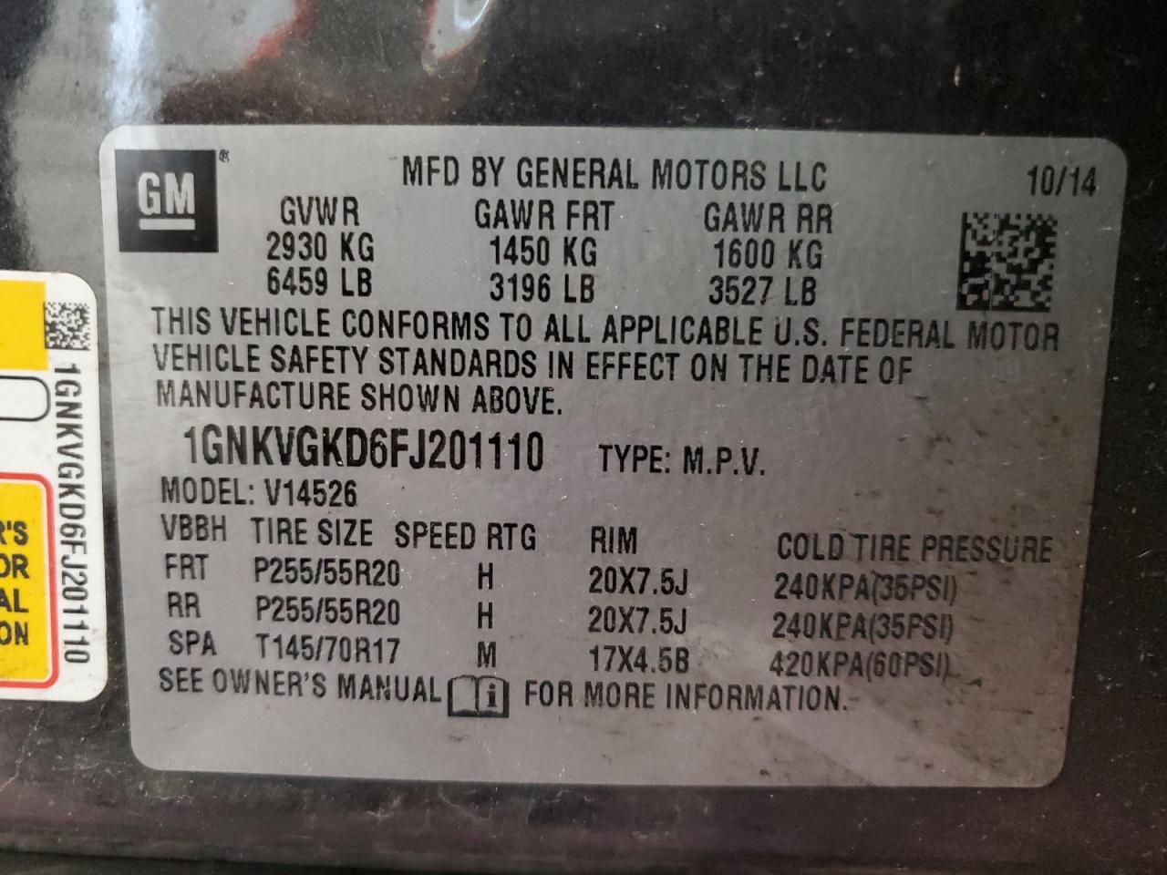 1GNKVGKD6FJ201110 2015 Chevrolet Traverse Lt