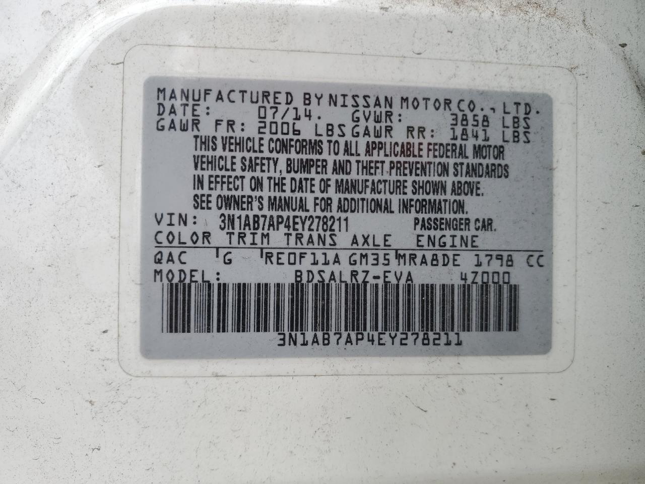 3N1AB7AP4EY278211 2014 Nissan Sentra S