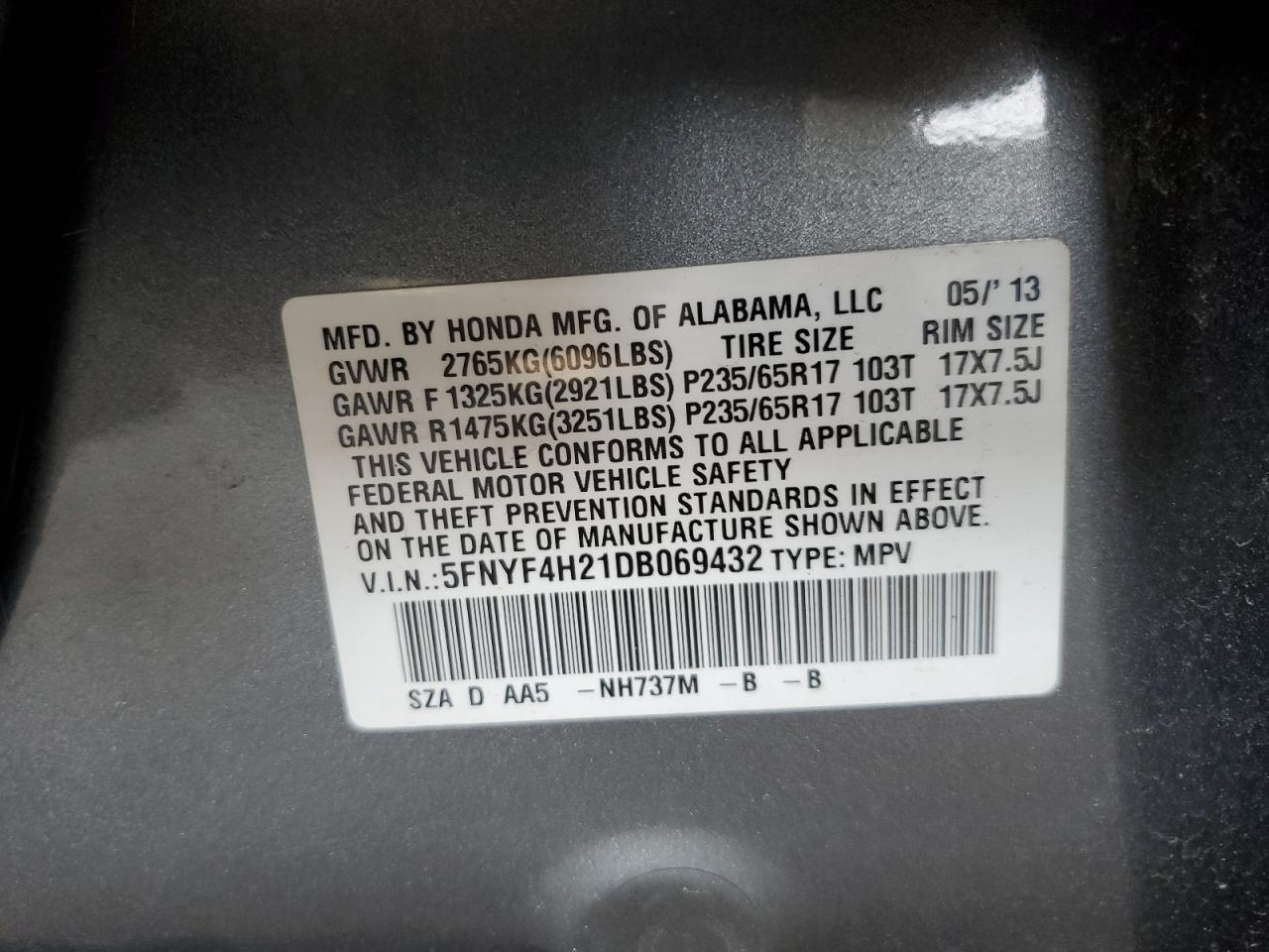5FNYF4H21DB069432 2013 Honda Pilot Lx