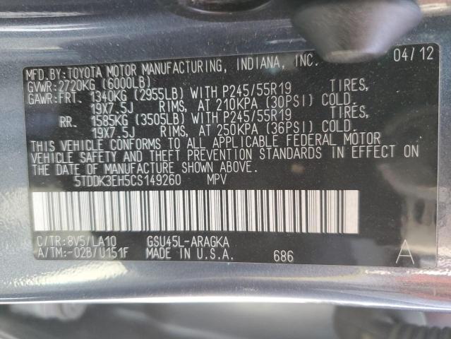 2012 Toyota Highlander Limited VIN: 5TDDK3EH5CS149260 Lot: 59750364