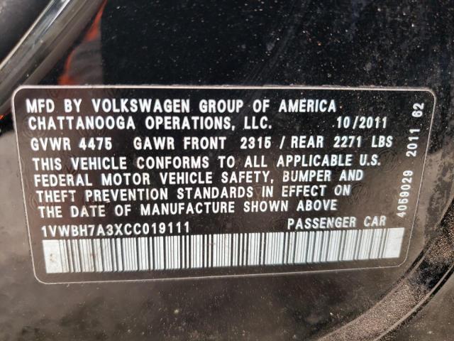 2012 Volkswagen Passat Se VIN: 1VWBH7A3XCC019111 Lot: 59138774