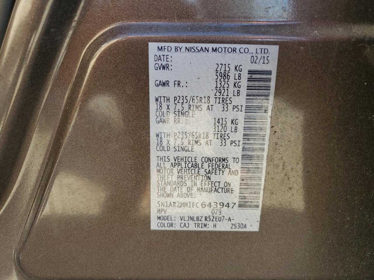 5N1AR2MM1FC643947 2015 Nissan Pathfinder S