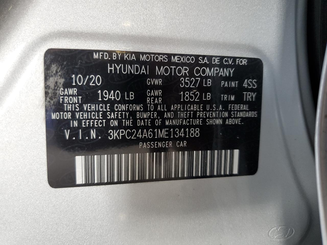 3KPC24A61ME134188 2021 Hyundai Accent Se