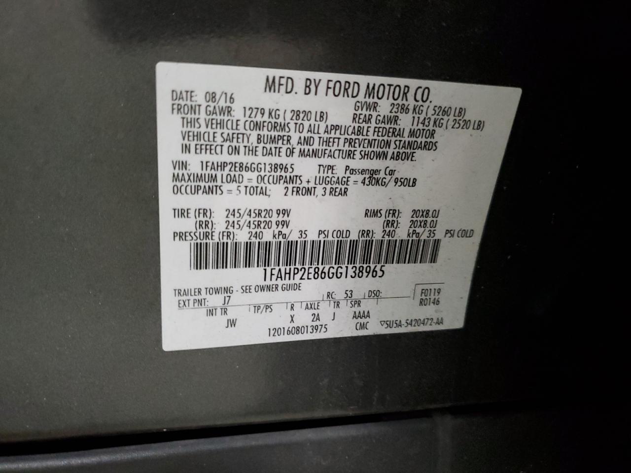 1FAHP2E86GG138965 2016 Ford Taurus Sel