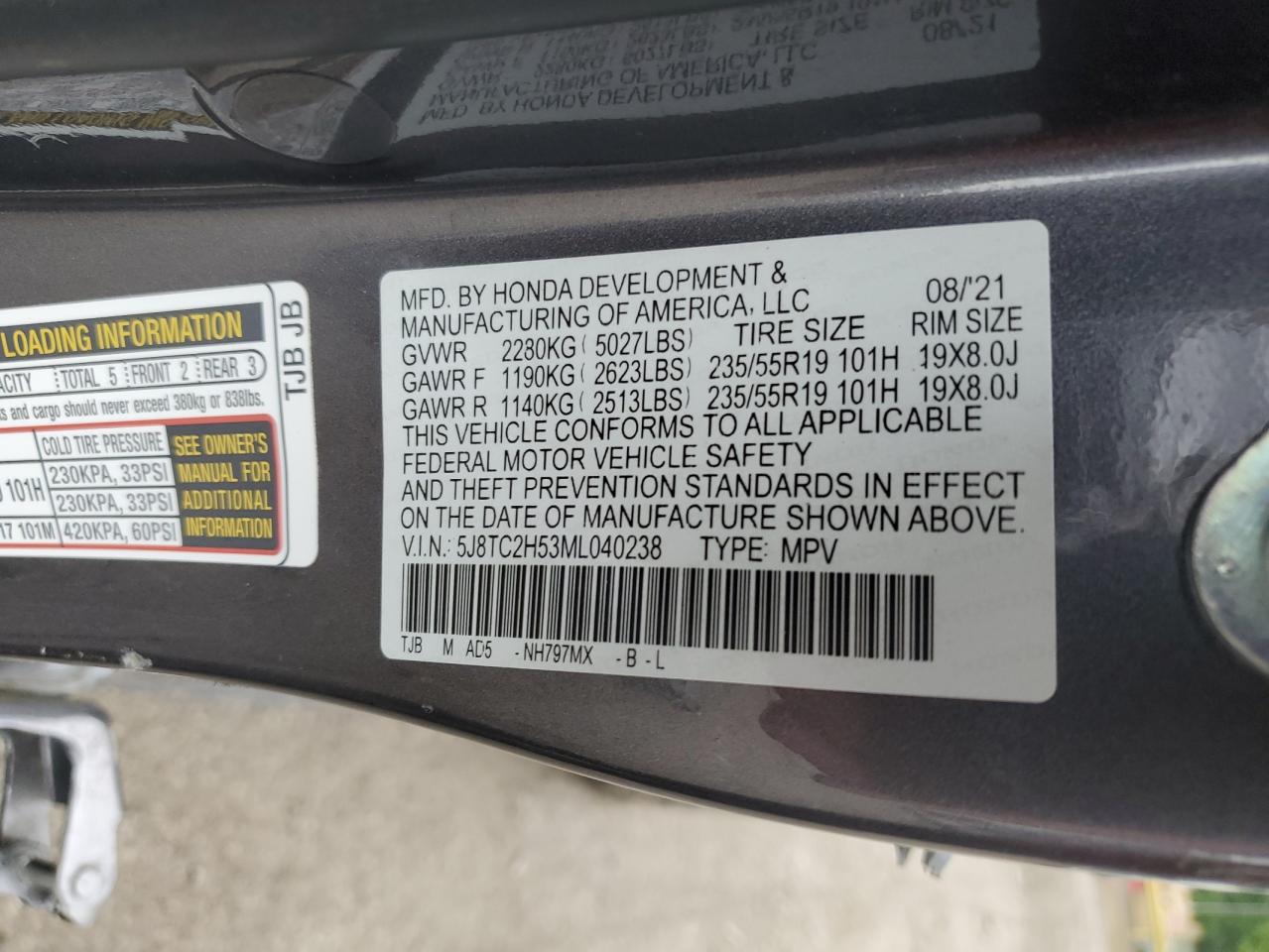 5J8TC2H53ML040238 2021 Acura Rdx Technology