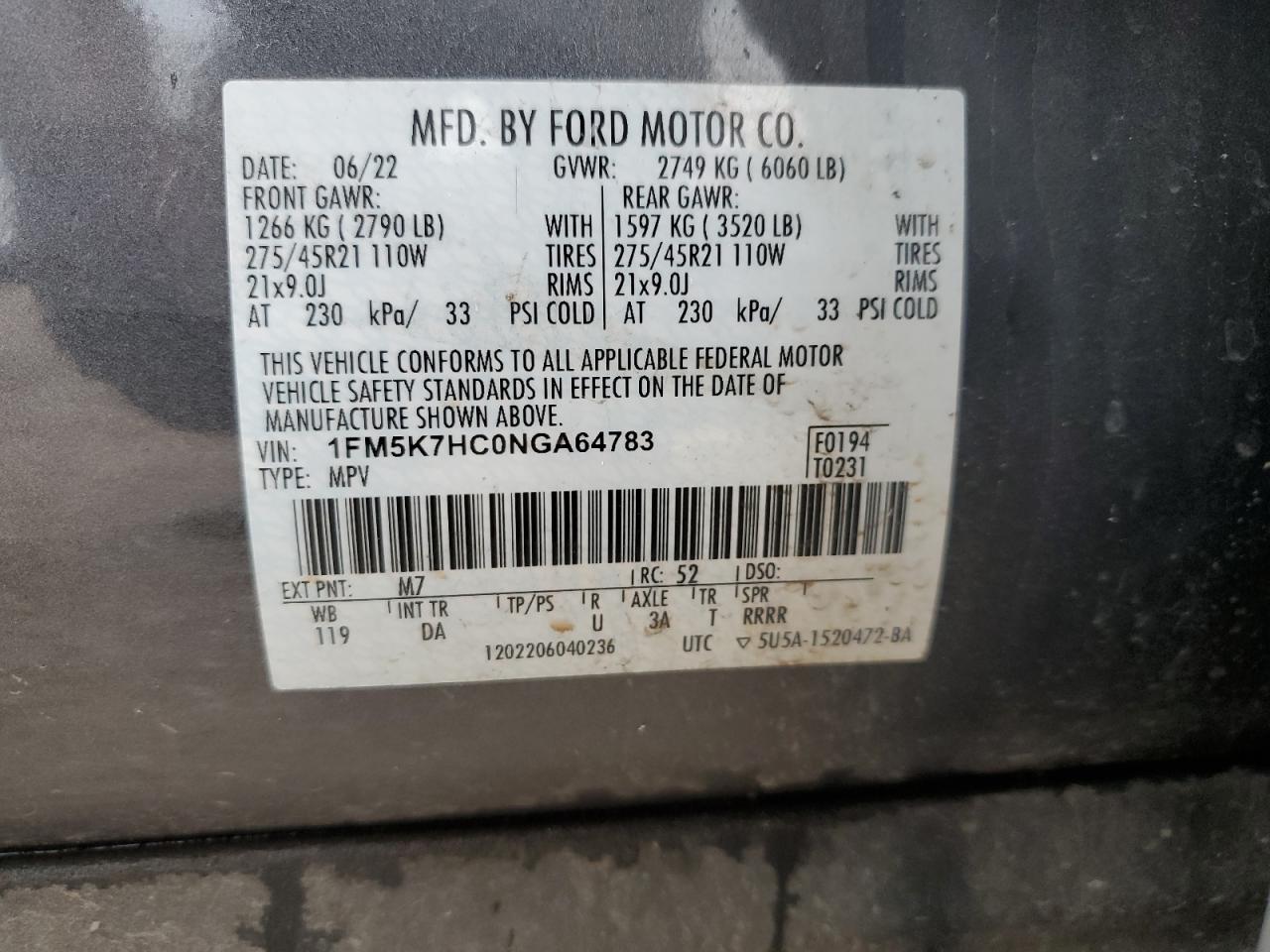 1FM5K7HC0NGA64783 2022 Ford Explorer Platinum