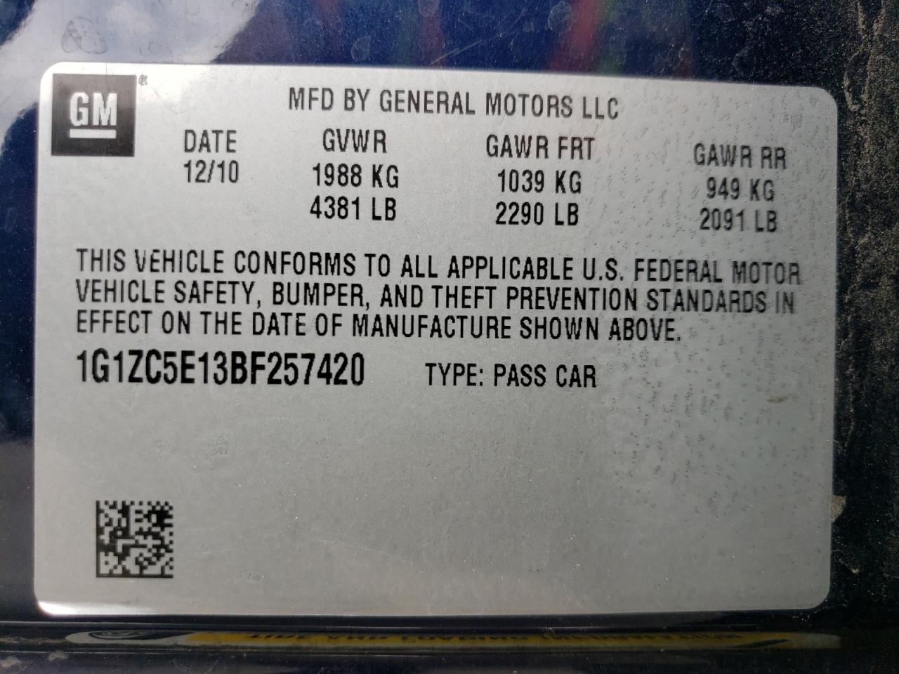 1G1ZC5E13BF257420 2011 Chevrolet Malibu 1Lt