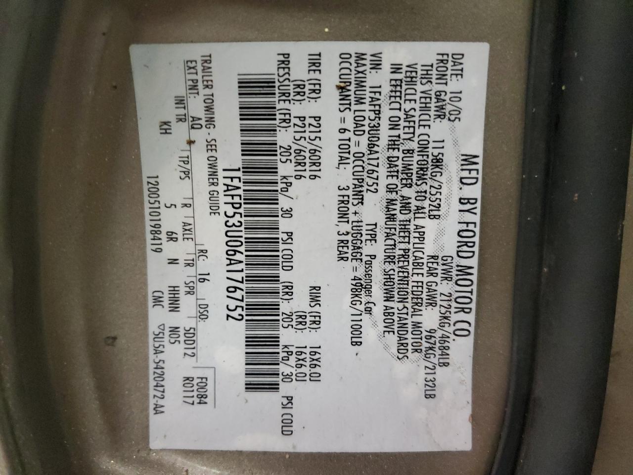 1FAFP53U06A176752 2006 Ford Taurus Se