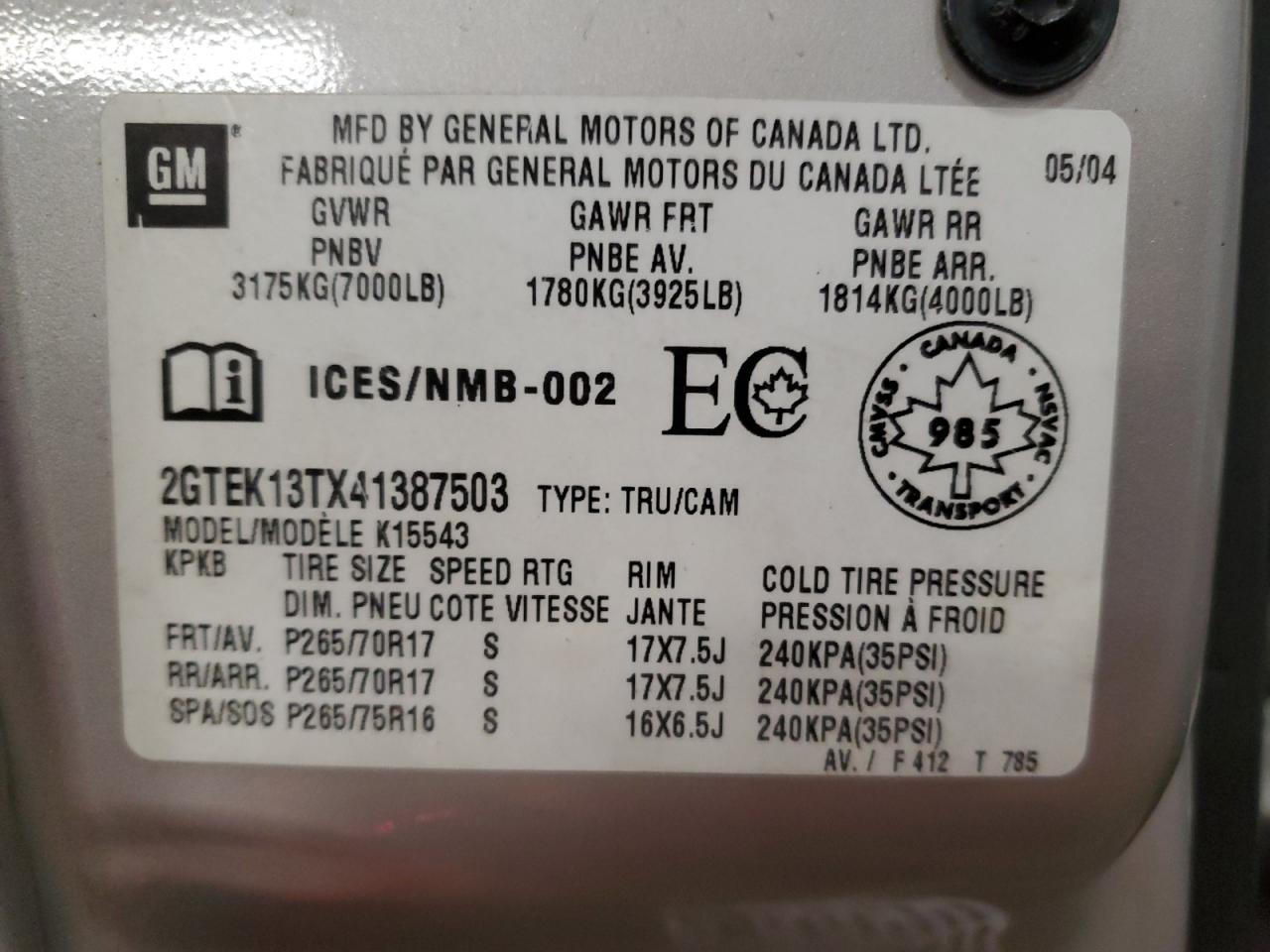 2GTEK13TX41387503 2004 GMC New Sierra K1500