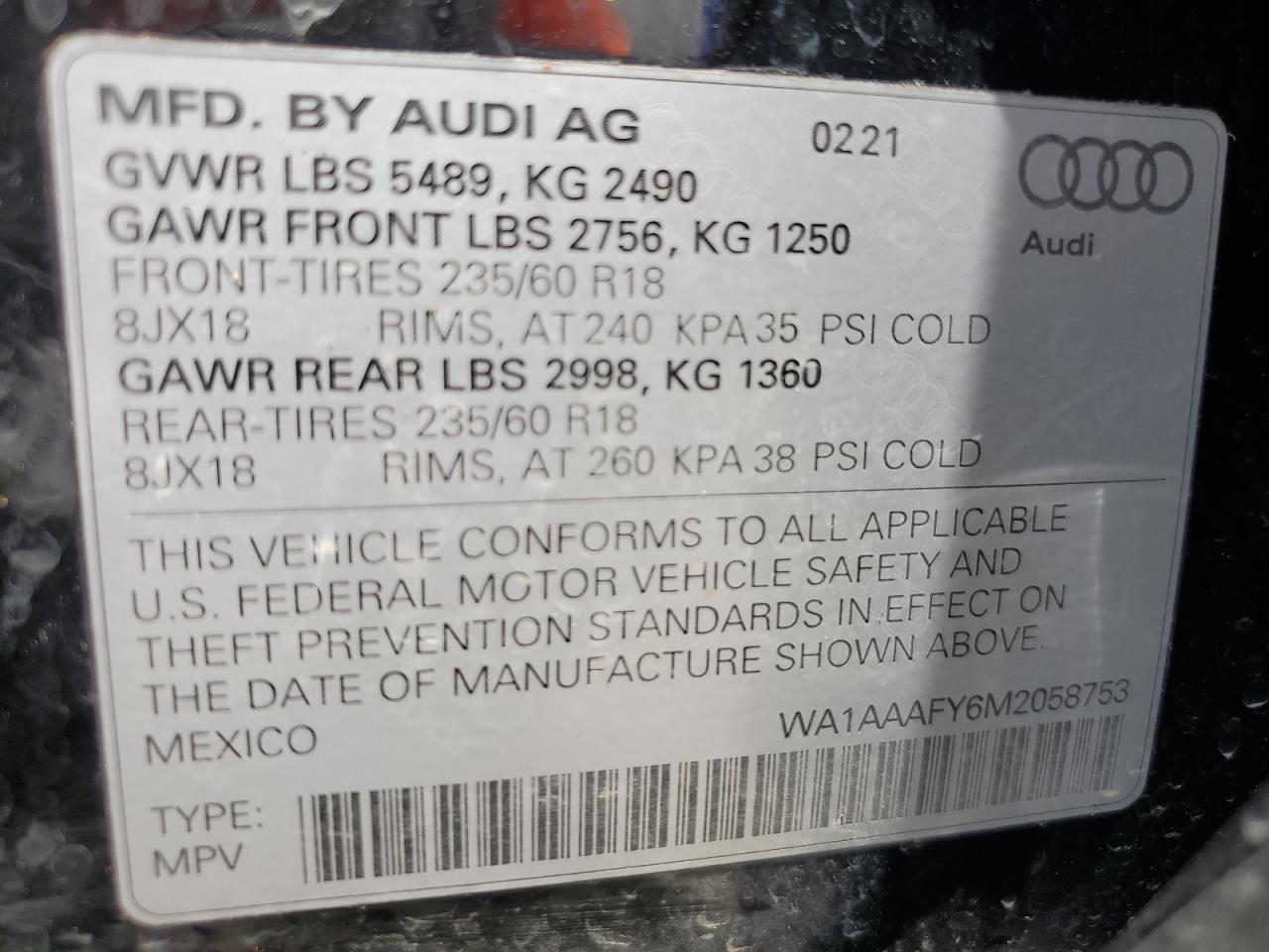 WA1AAAFY6M2058753 2021 Audi Q5 Premium