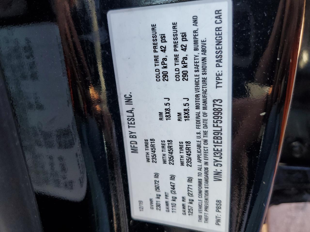 5YJ3E1EB9LF599873 2020 Tesla Model 3