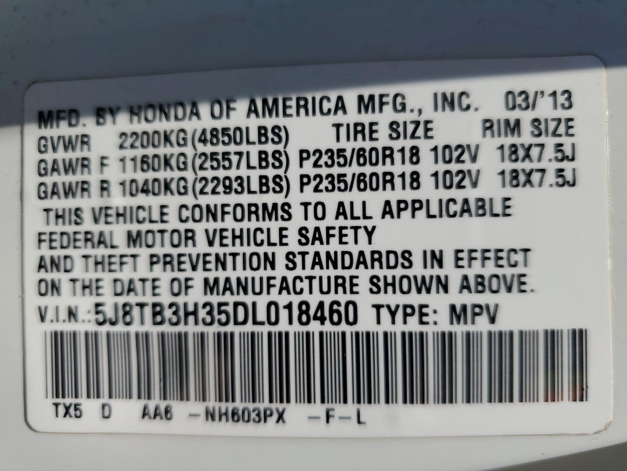 5J8TB3H35DL018460 2013 Acura Rdx