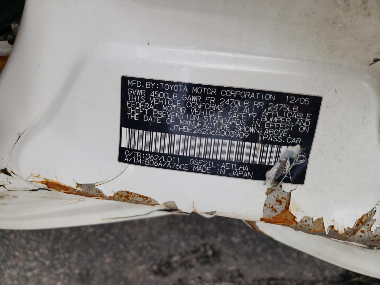 JTHBE262065003909 2006 Lexus Is 350