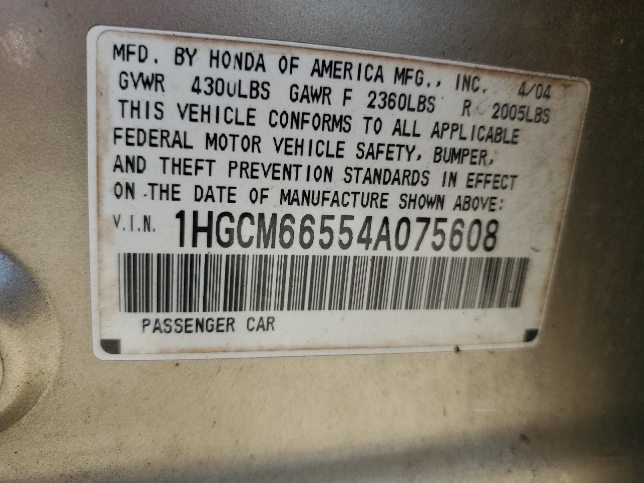 1HGCM66554A075608 2004 Honda Accord Ex