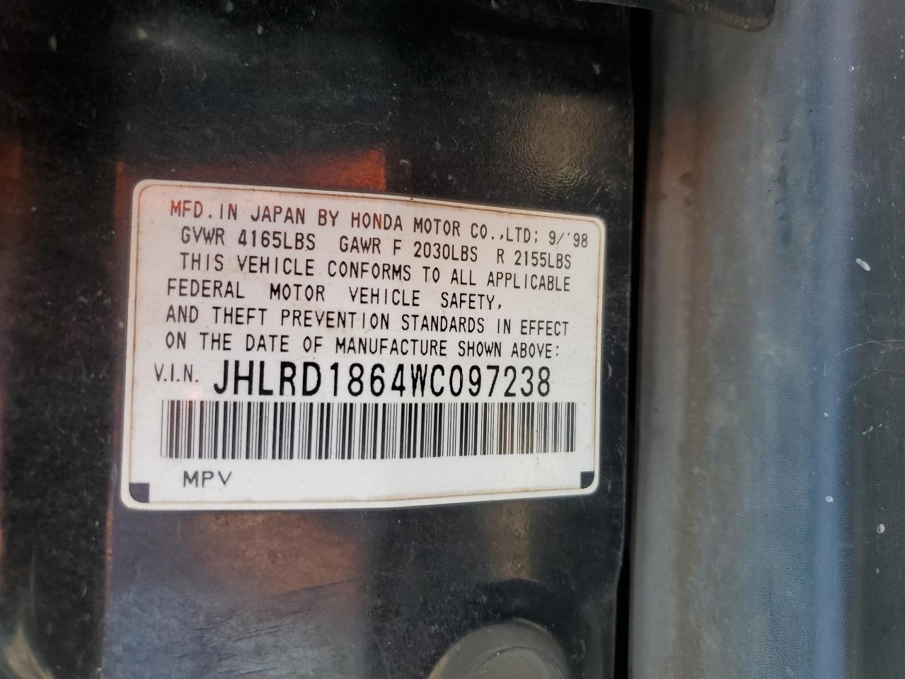 JHLRD1864WC097238 1998 Honda Cr-V Ex