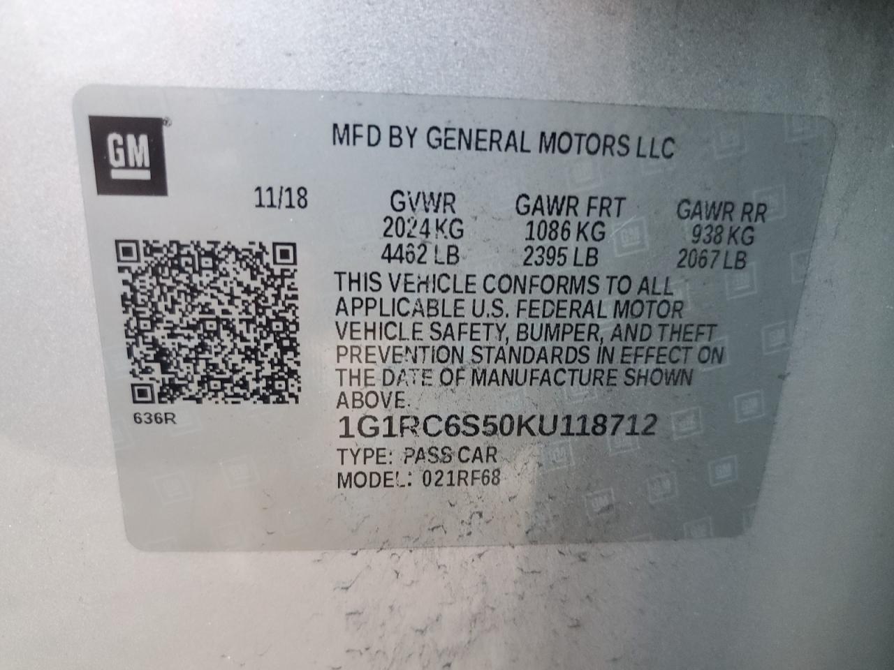 1G1RC6S50KU118712 2019 Chevrolet Volt Lt