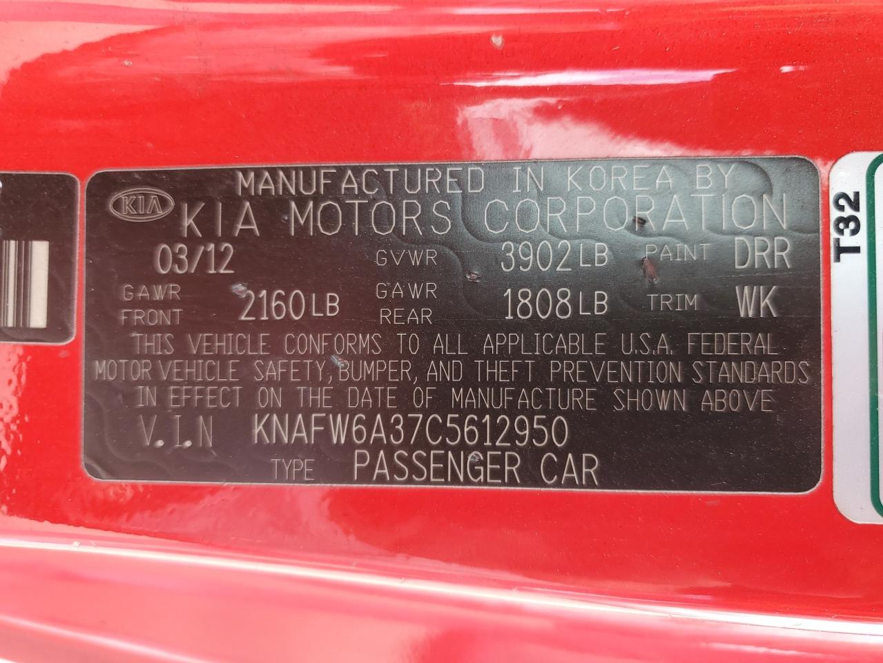 KNAFW6A37C5612950 2012 Kia Forte Sx