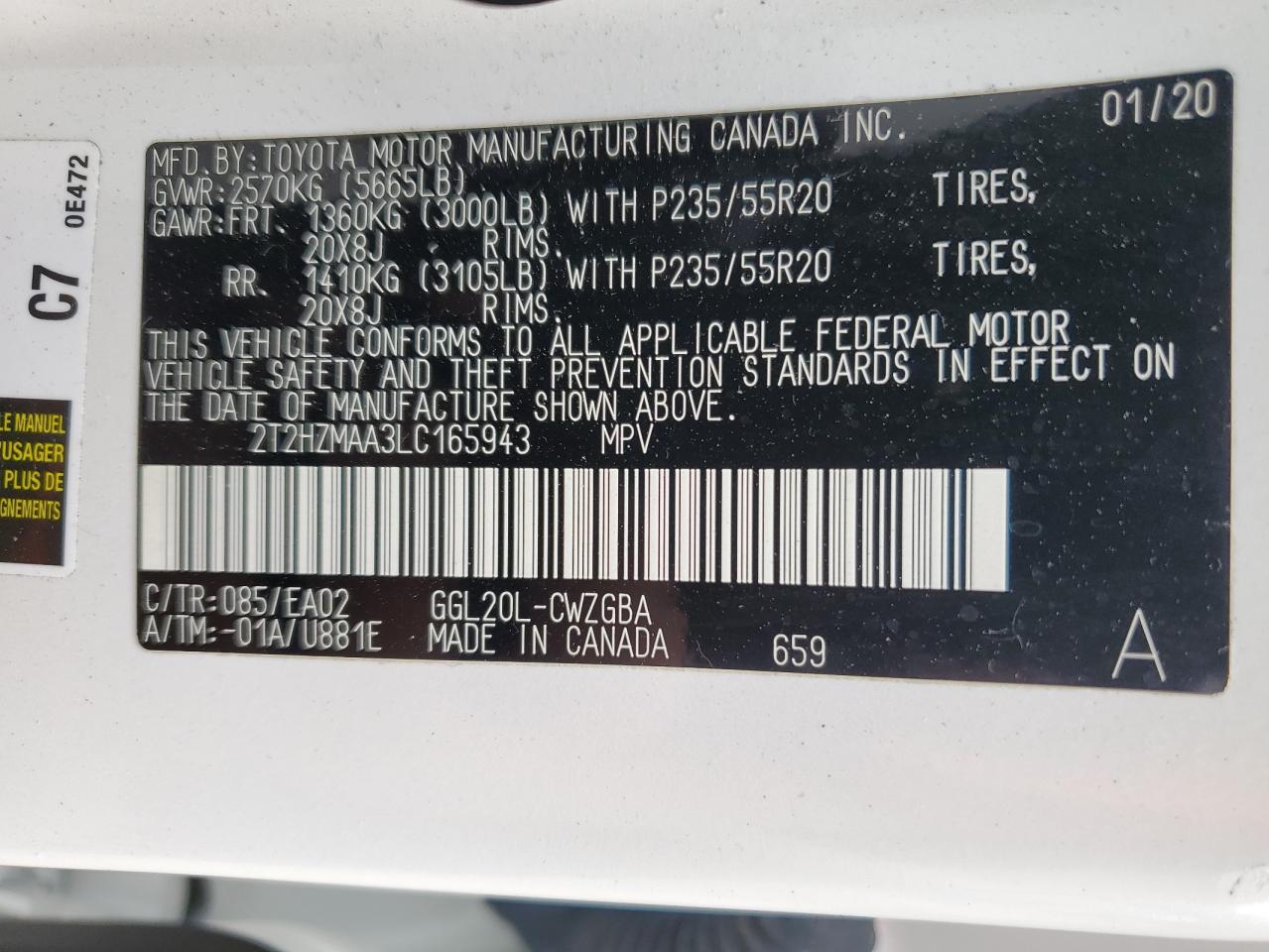 2T2HZMAA3LC165943 2020 Lexus Rx 350