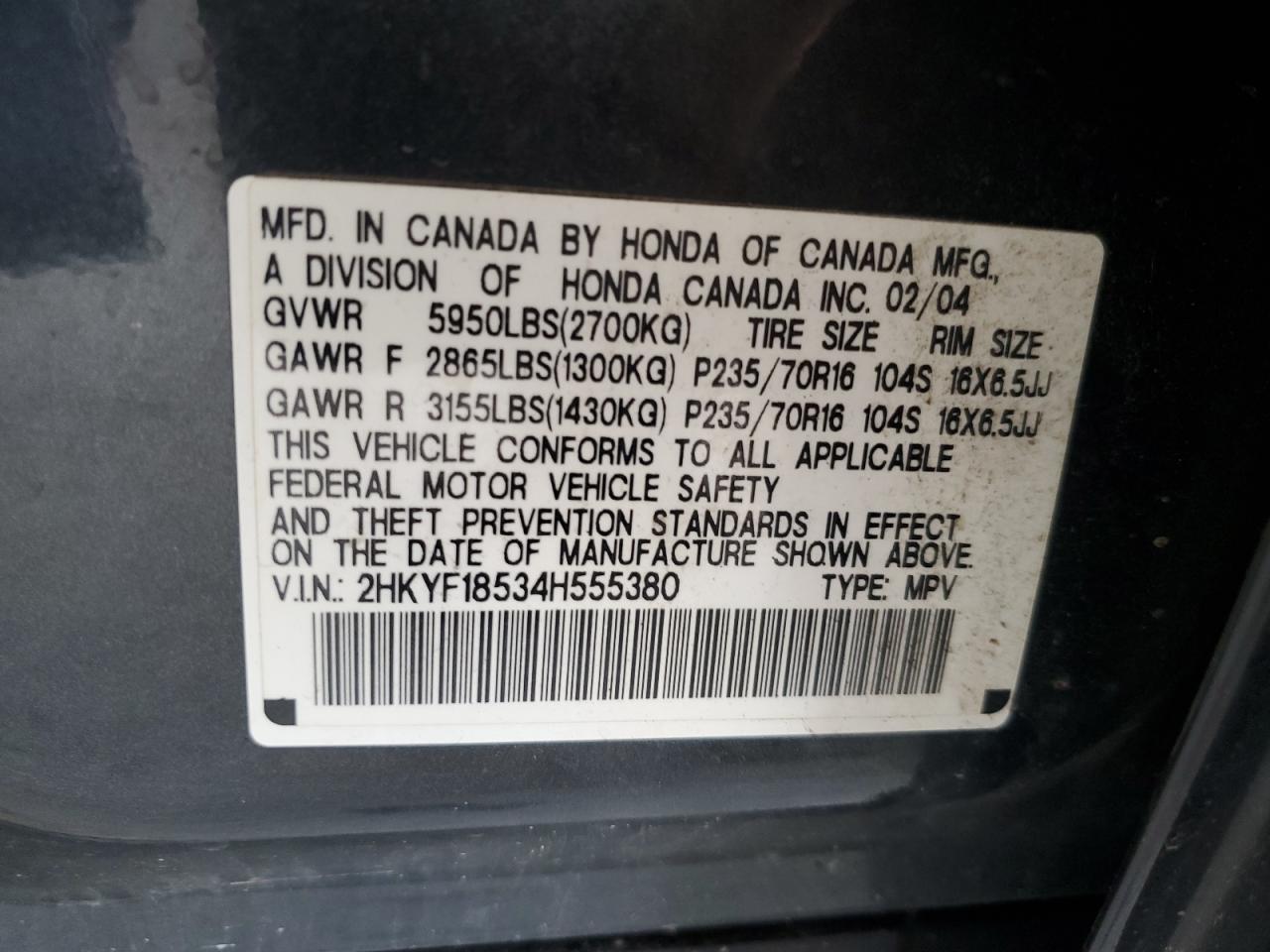 2HKYF18534H555380 2004 Honda Pilot Exl