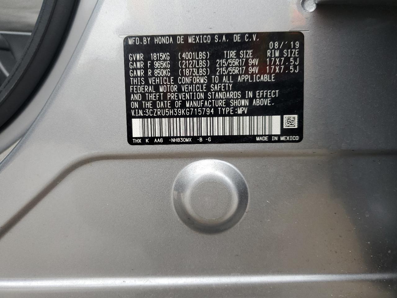 3CZRU5H39KG715794 2019 Honda Hr-V Lx