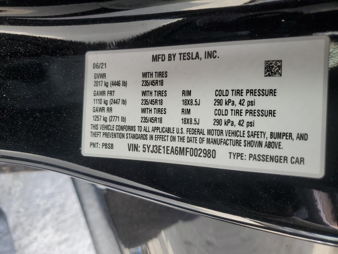 5YJ3E1EA6MF002980 2021 Tesla Model 3