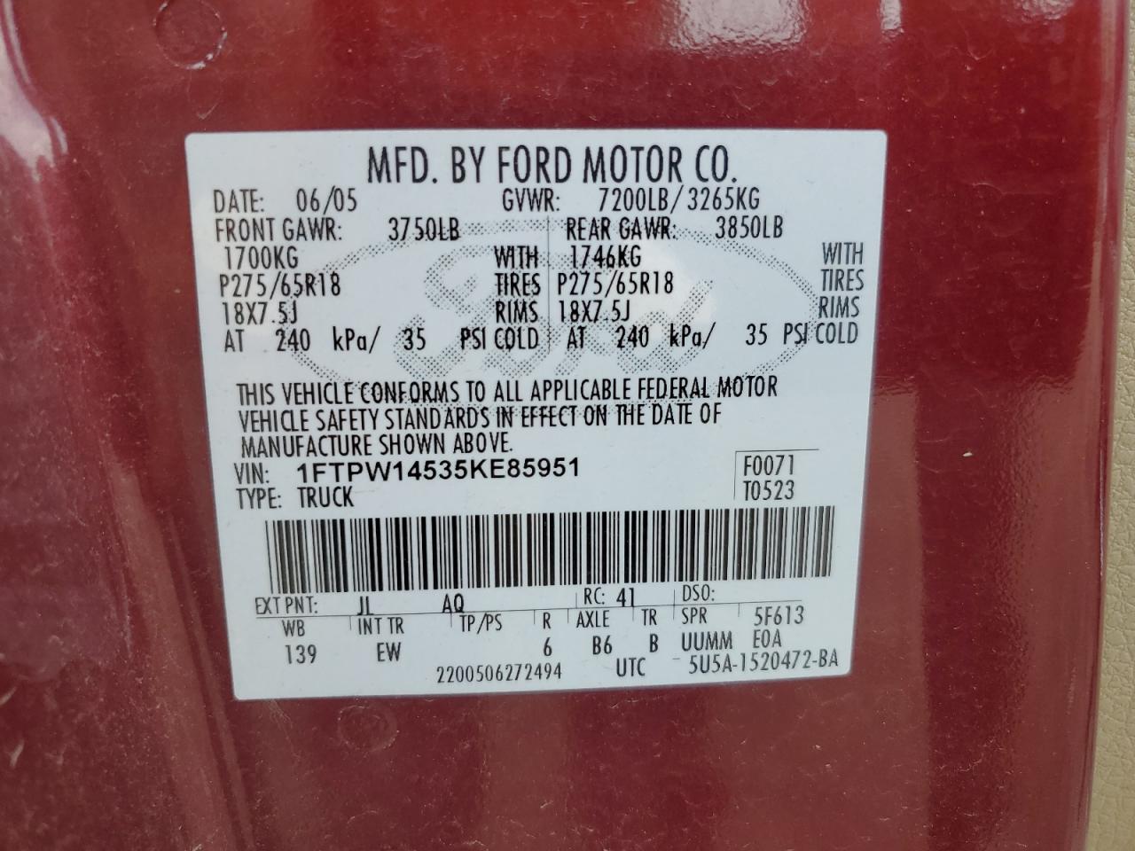 1FTPW14535KE85951 2005 Ford F150 Supercrew
