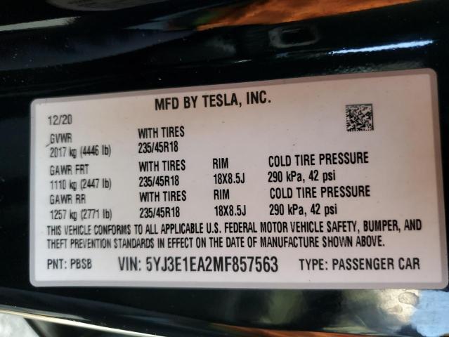 VIN 5YJ3E1EA2MF857563 2021 Tesla MODEL 3 no.12