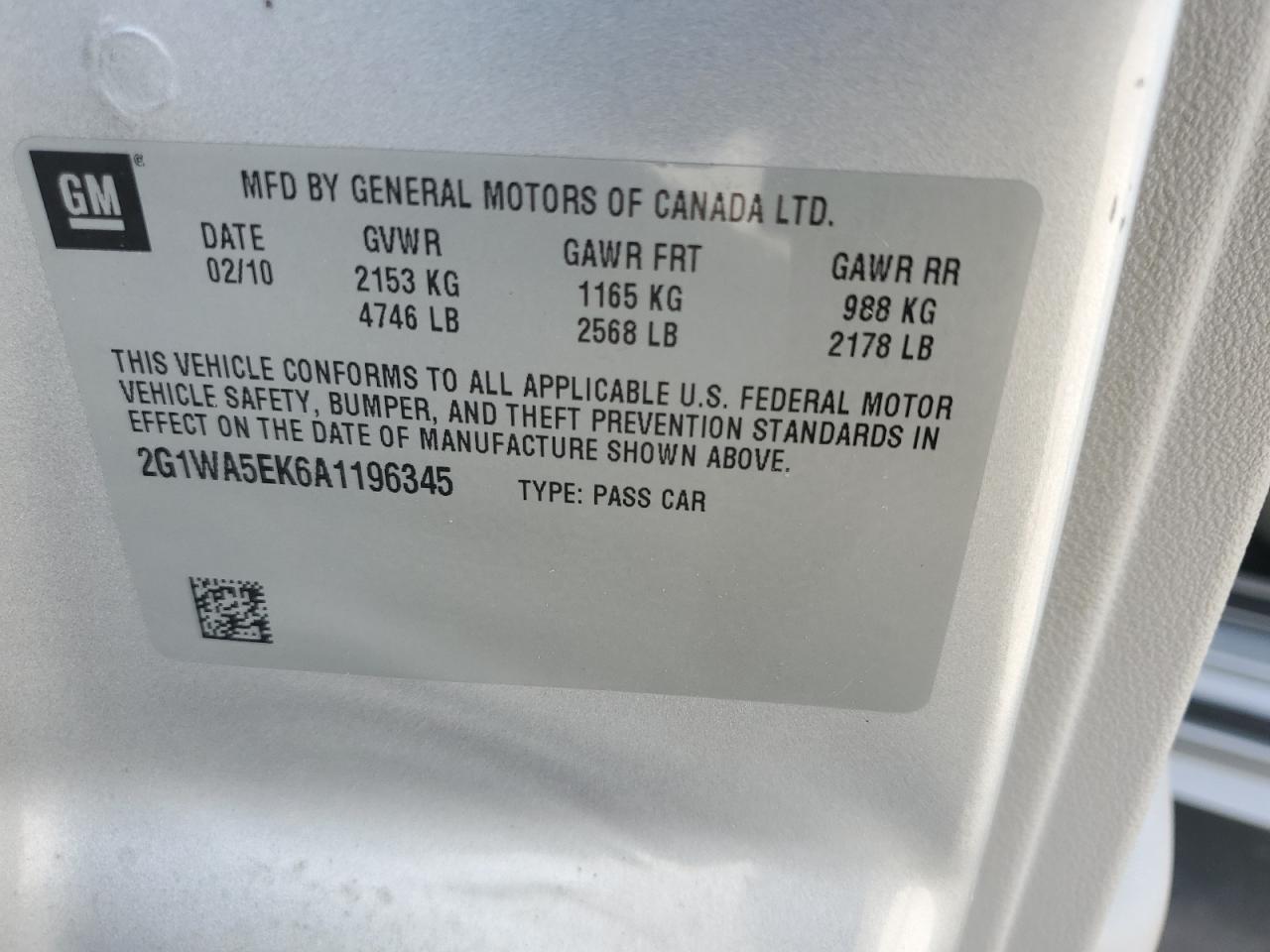 2G1WA5EK6A1196345 2010 Chevrolet Impala Ls