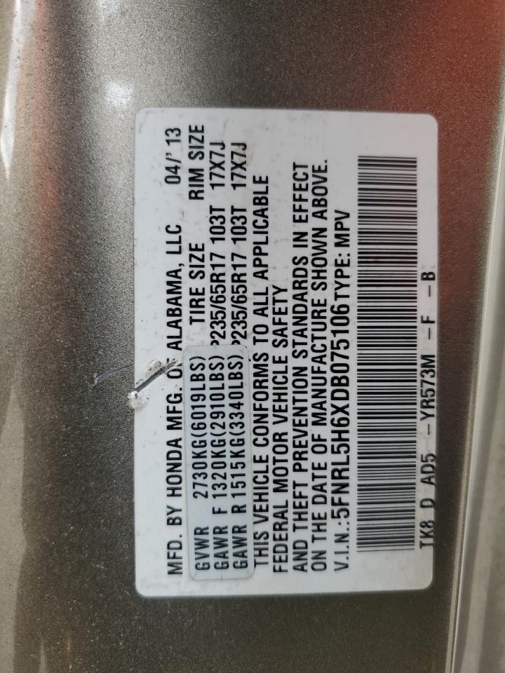 5FNRL5H6XDB075106 2013 Honda Odyssey Exl