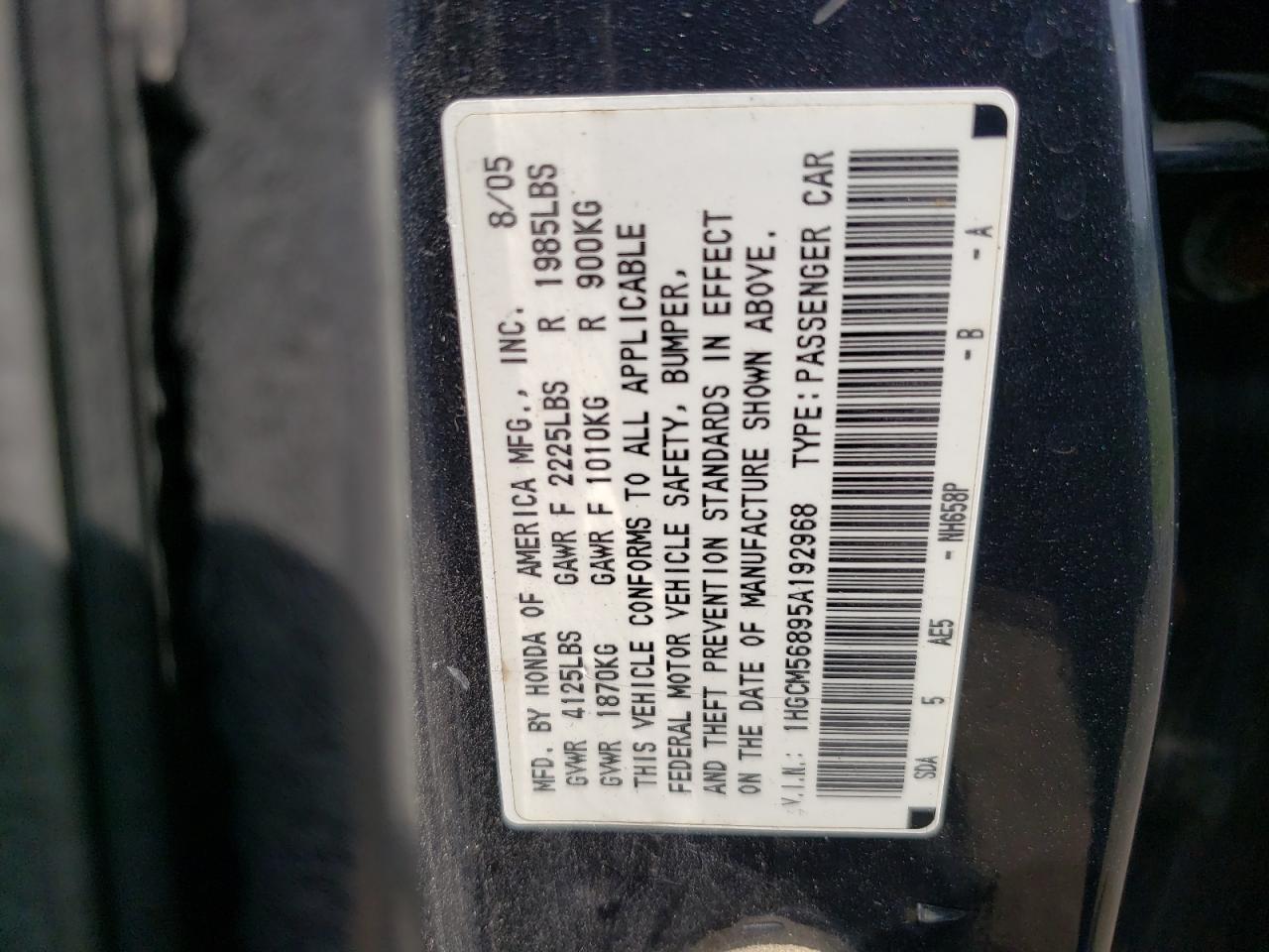 1HGCM56895A192968 2005 Honda Accord Ex