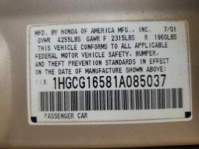 2001 Honda Accord Ex VIN: 1HGCG16581A085037 Lot: 60661694