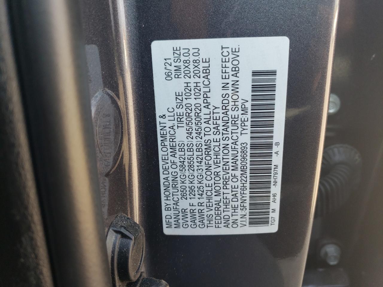 5FNYF6H22MB096893 2021 Honda Pilot Se