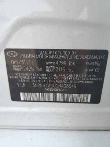 2012 Hyundai Sonata Gls VIN: 5NPEB4AC0CH408649 Lot: 57536164