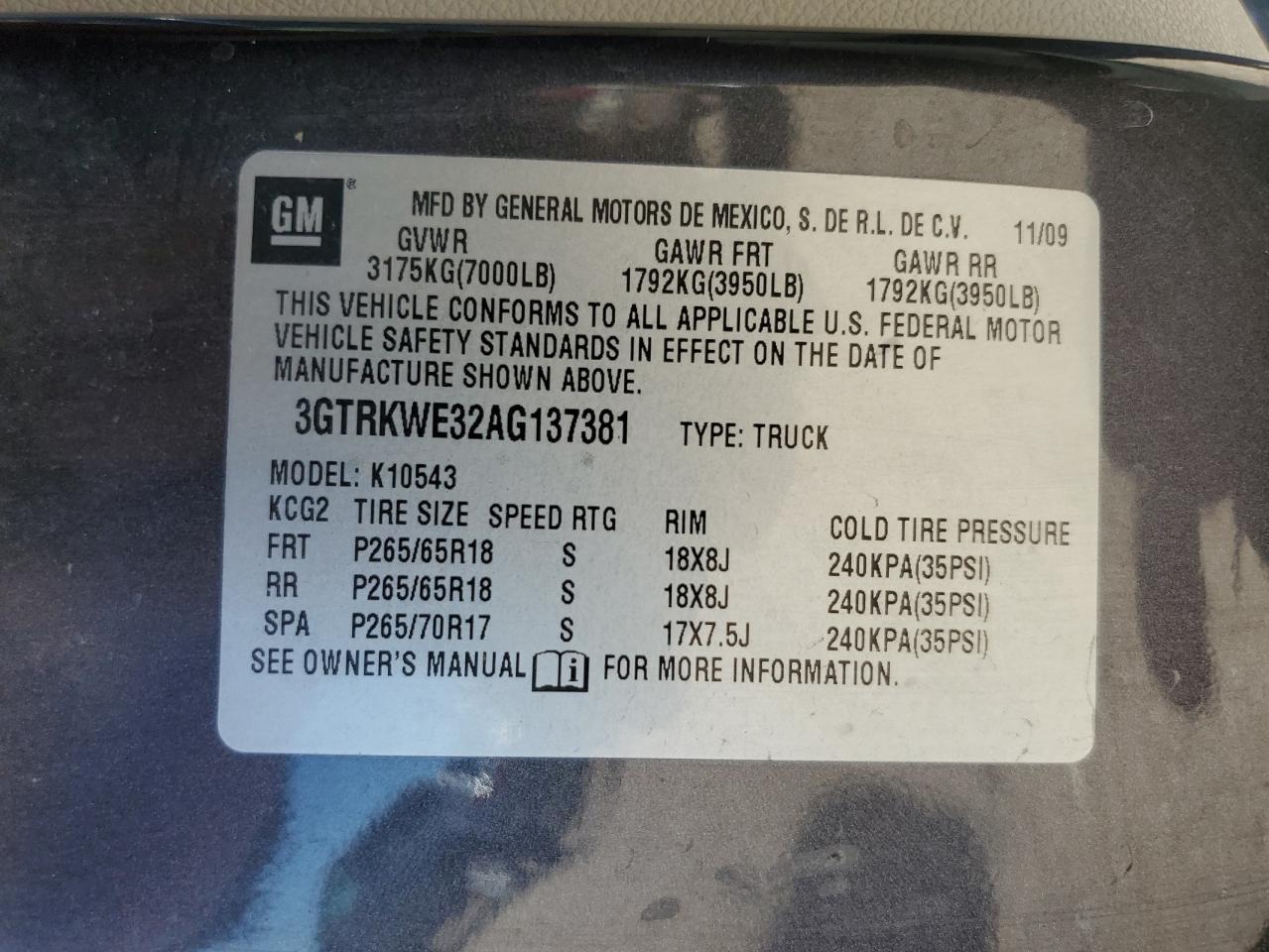 3GTRKWE32AG137381 2010 GMC Sierra K1500 Slt