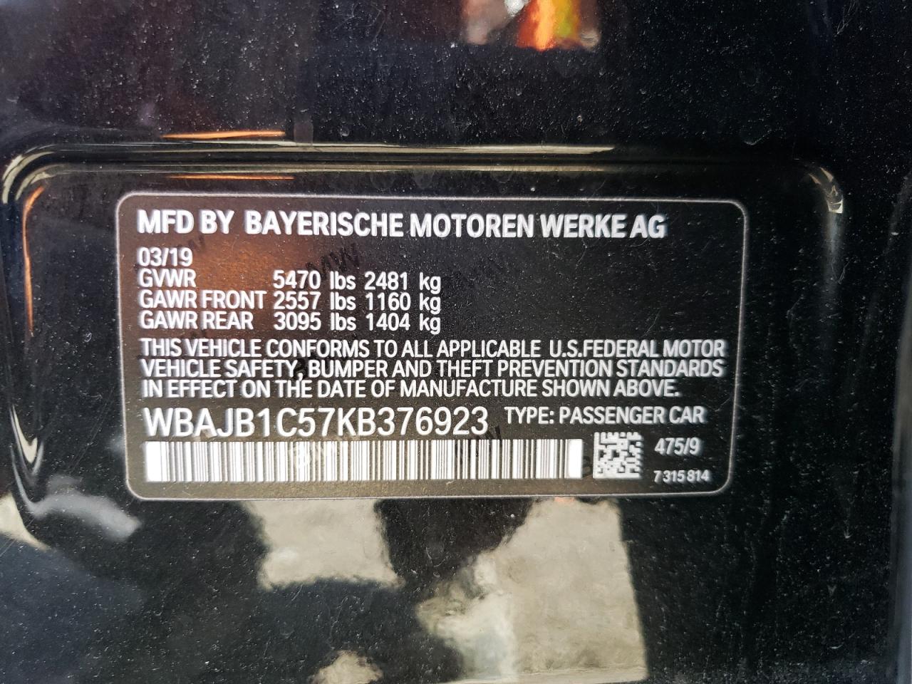 WBAJB1C57KB376923 2019 BMW 530Xe