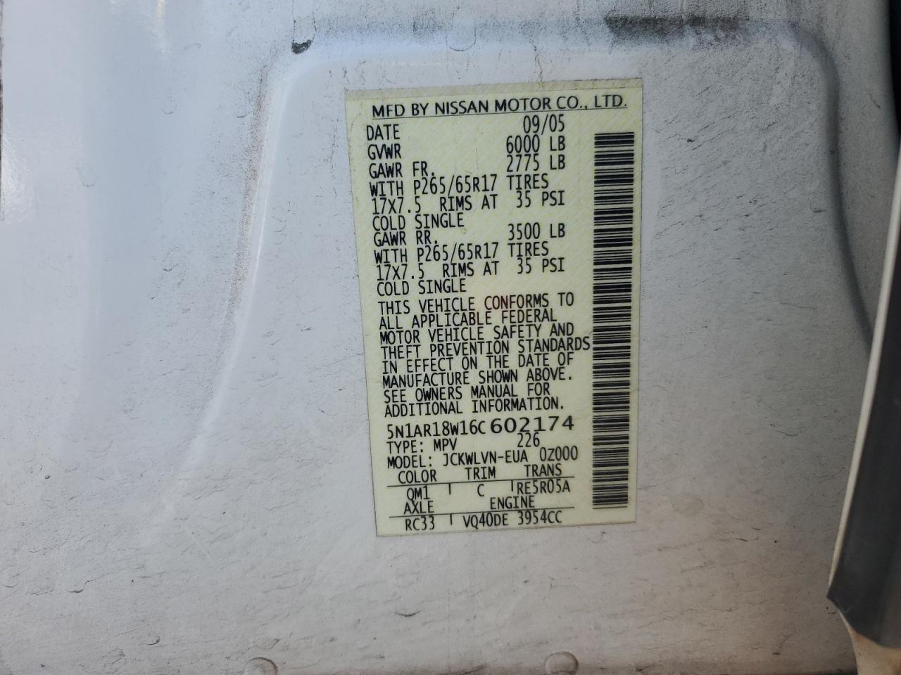 5N1AR18W16C602174 2006 Nissan Pathfinder Le