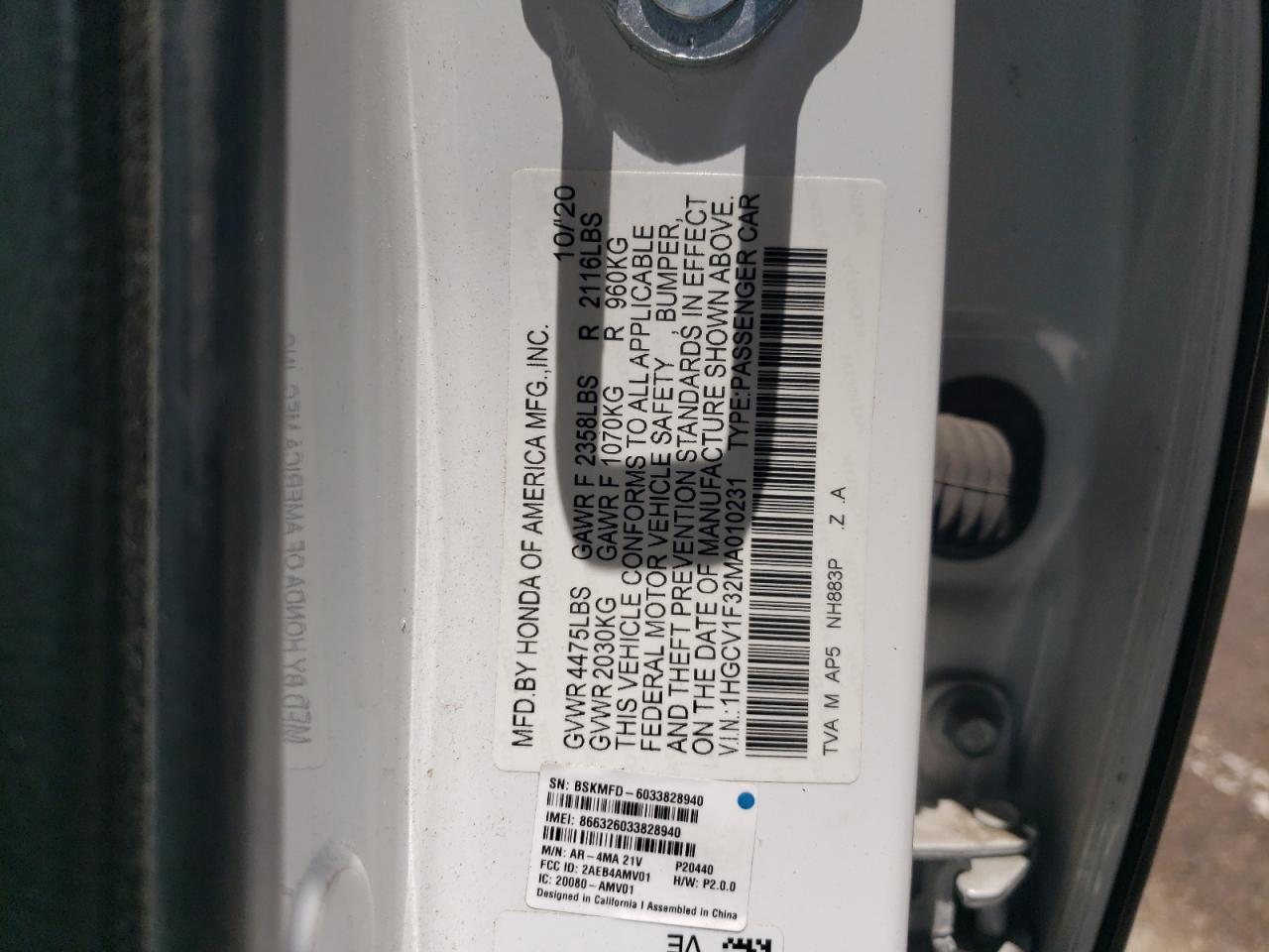 1HGCV1F32MA010231 2021 Honda Accord Sport