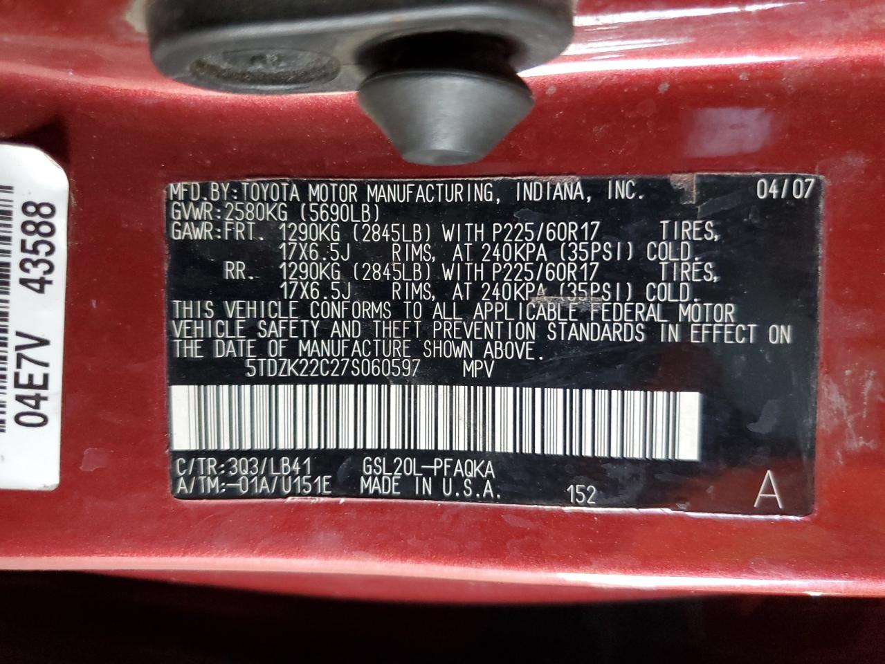 5TDZK22C27S060597 2007 Toyota Sienna Xle