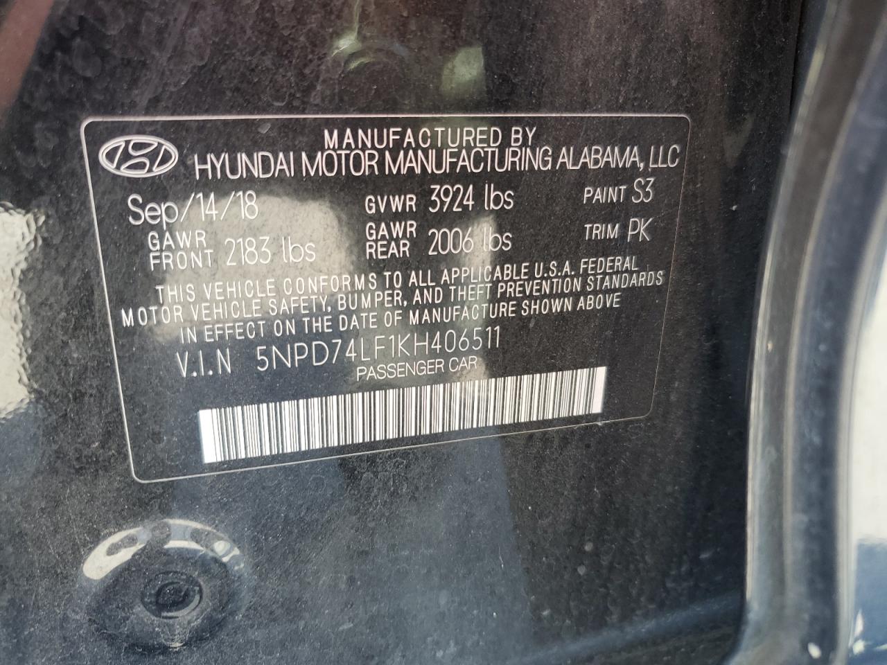 5NPD74LF1KH406511 2019 Hyundai Elantra Se
