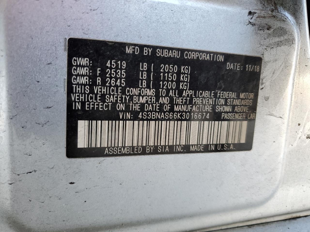 4S3BNAS66K3016674 2019 Subaru Legacy Sport