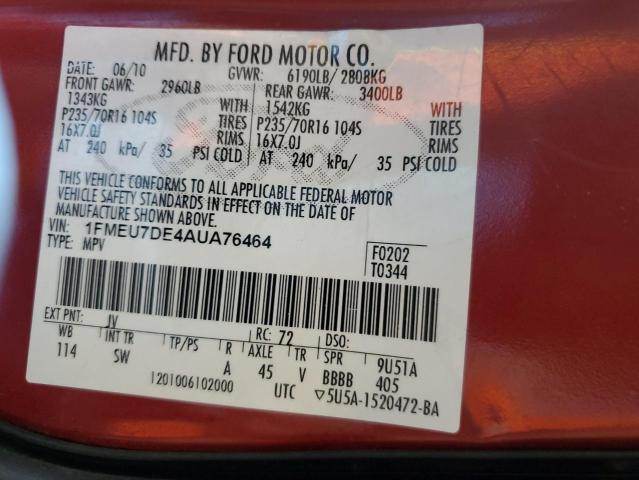 2010 Ford Explorer Xlt VIN: 1FMEU7DE4AUA76464 Lot: 57130634