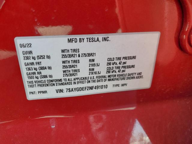 2022 Tesla Model Y VIN: 7SAYGDEF2NF491010 Lot: 61088484