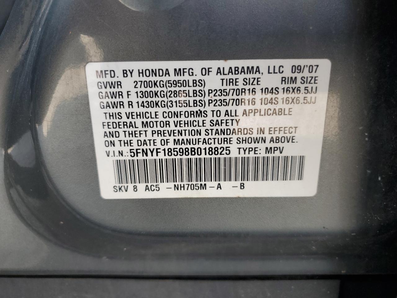 5FNYF18598B018825 2008 Honda Pilot Exl