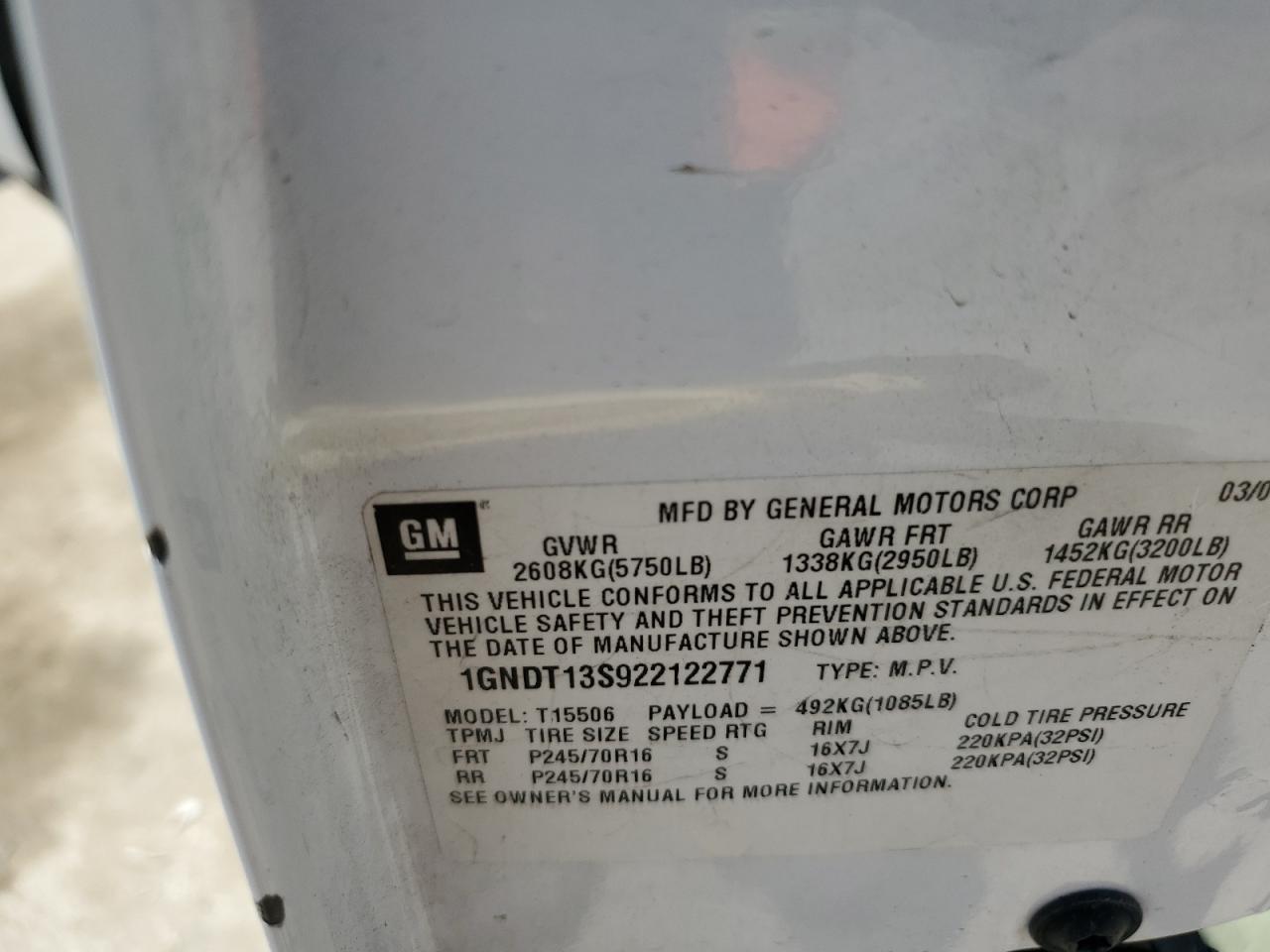 1GNDT13S922122771 2002 Chevrolet Trailblazer