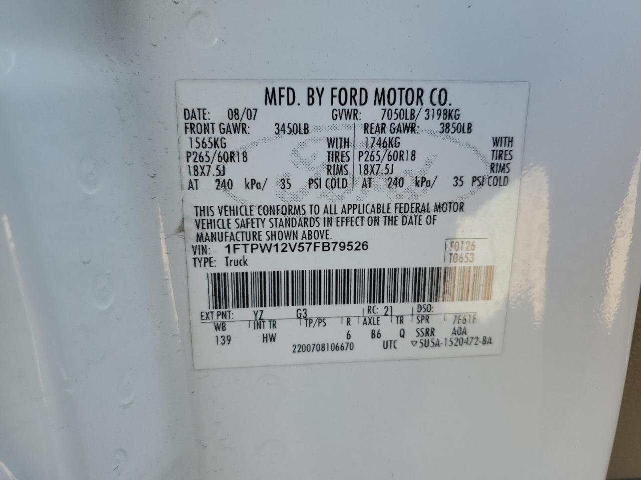 1FTPW12V57FB79526 2007 Ford F150 Supercrew