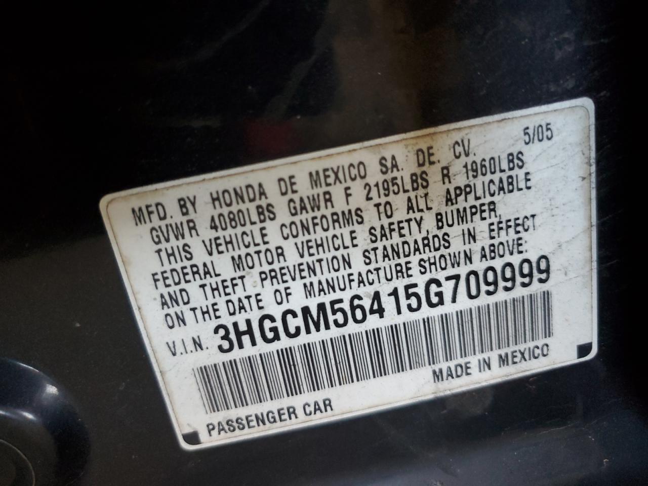 3HGCM56415G709999 2005 Honda Accord Lx