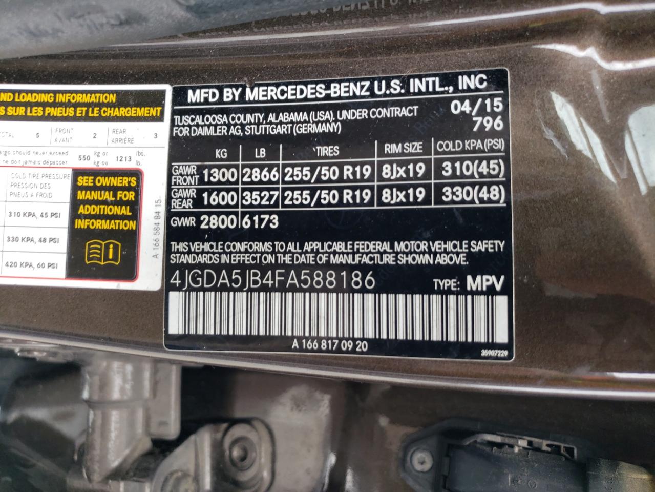 4JGDA5JB4FA588186 2015 Mercedes-Benz Ml 350