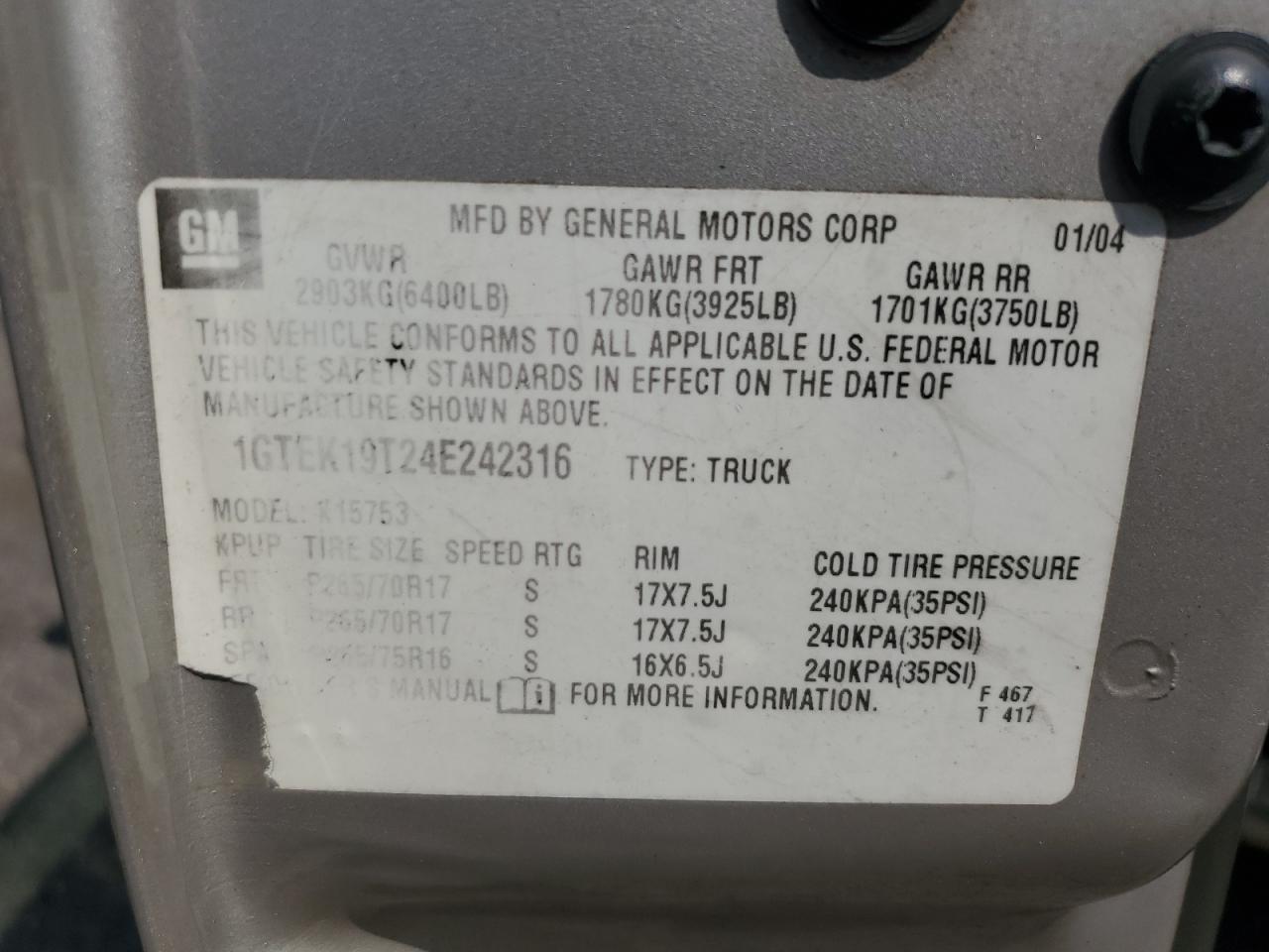 1GTEK19T24E242316 2004 GMC New Sierra K1500